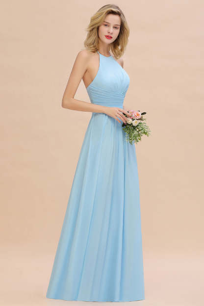 Glamorous Halter Backless Long Affordable Bridesmaid Dresses with Ruffle-Babyonlines