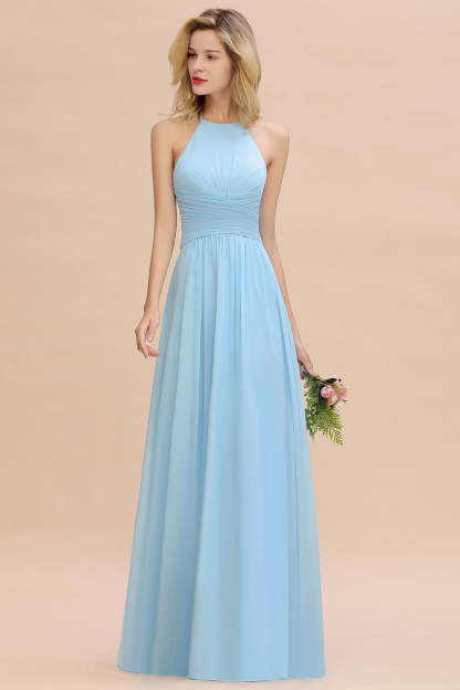 Glamorous Halter Backless Long Affordable Bridesmaid Dresses with Ruffle-Babyonlines