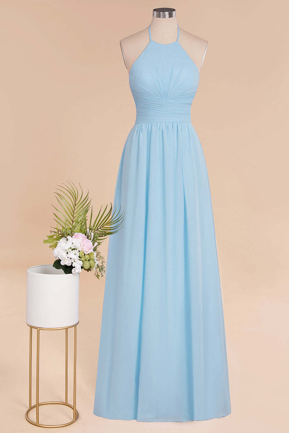 Glamorous Halter Backless Long Affordable Bridesmaid Dresses with Ruffle-Babyonlines