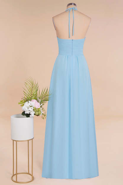 Glamorous Halter Backless Long Affordable Bridesmaid Dresses with Ruffle-Babyonlines