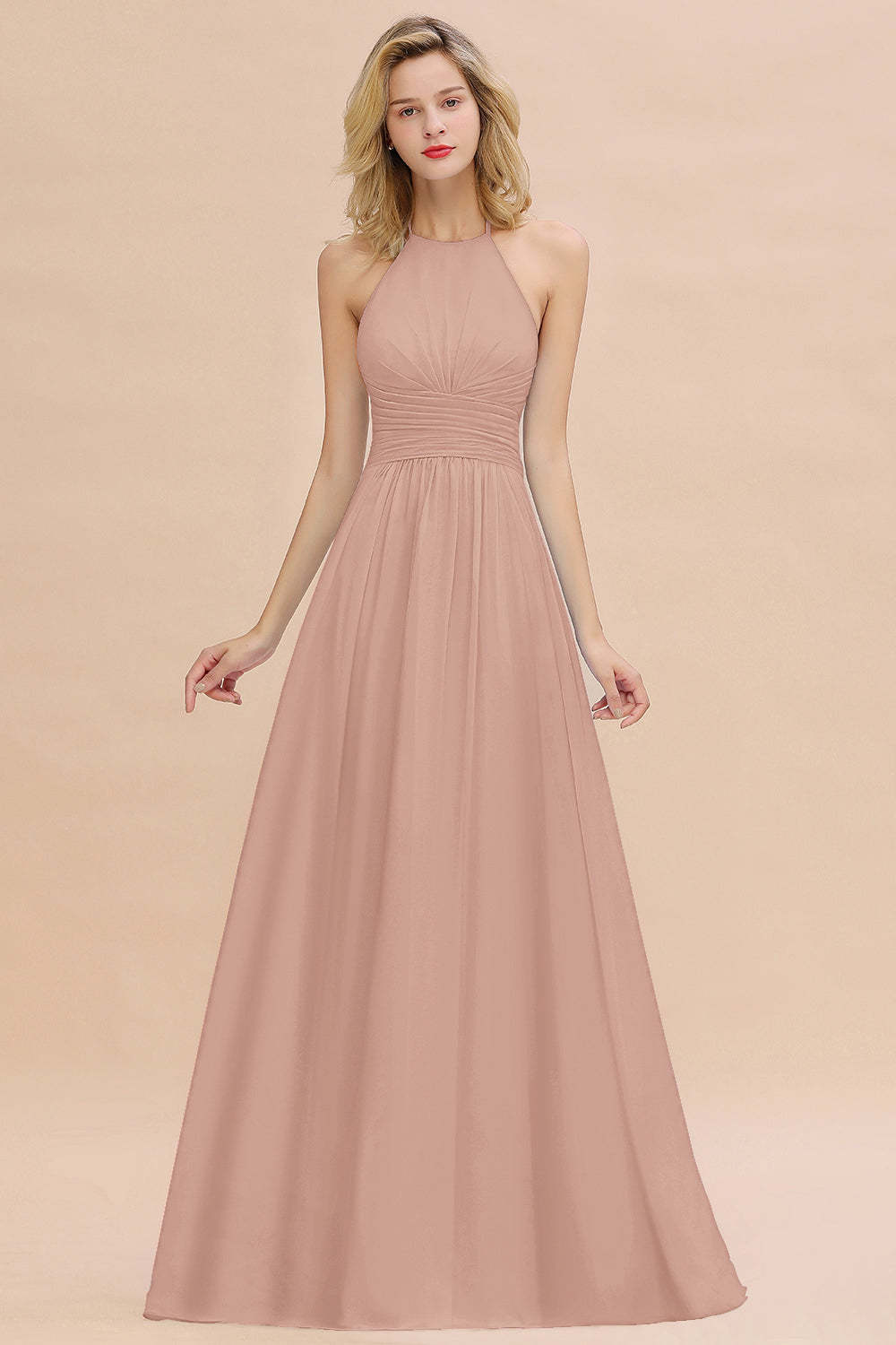 Glamorous Halter Backless Long Affordable Bridesmaid Dresses with Ruffle-Babyonlines