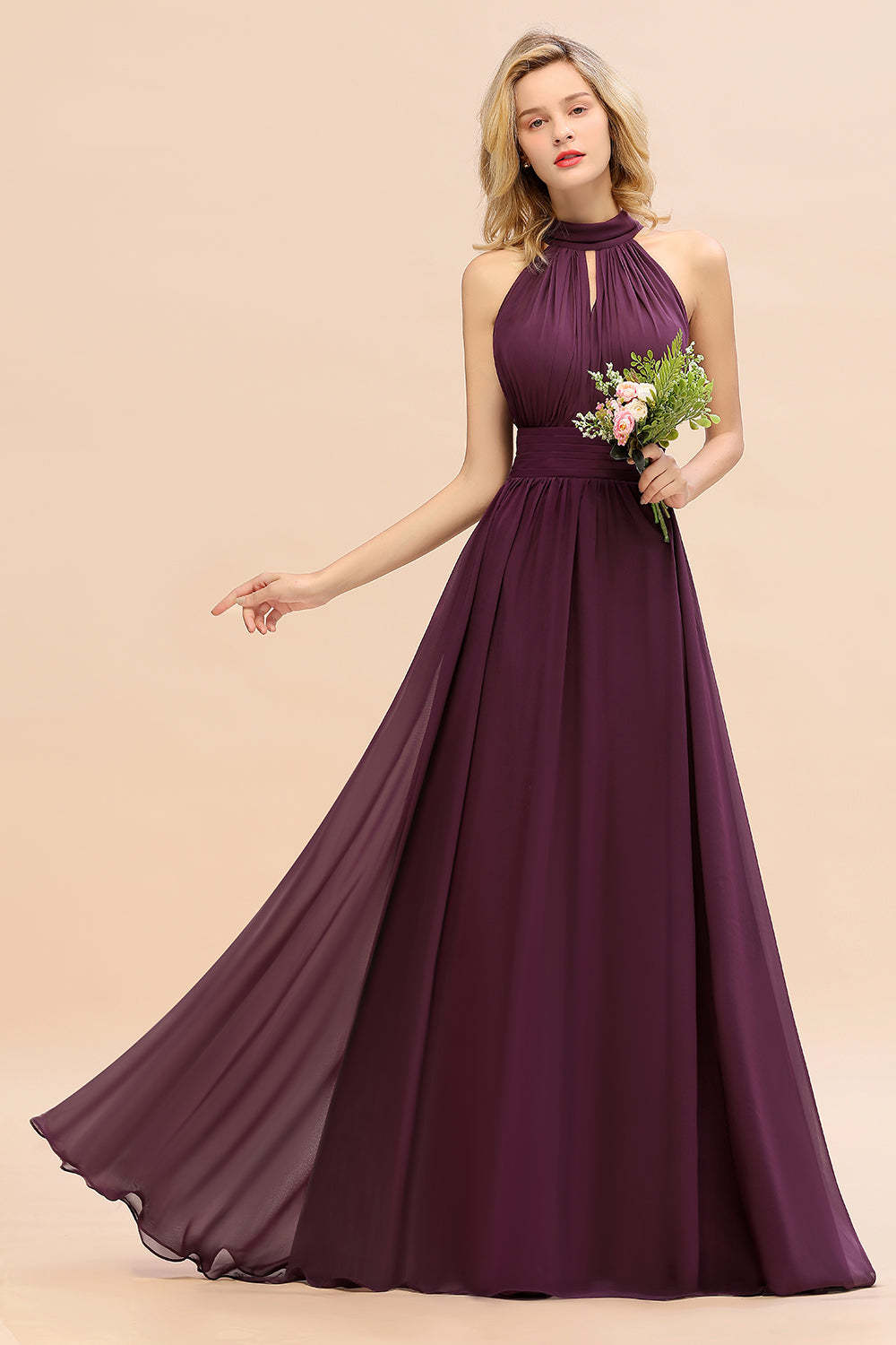 Glamorous High-Neck Halter Bridesmaid Affordable Dresses with Ruffle-Babyonlines