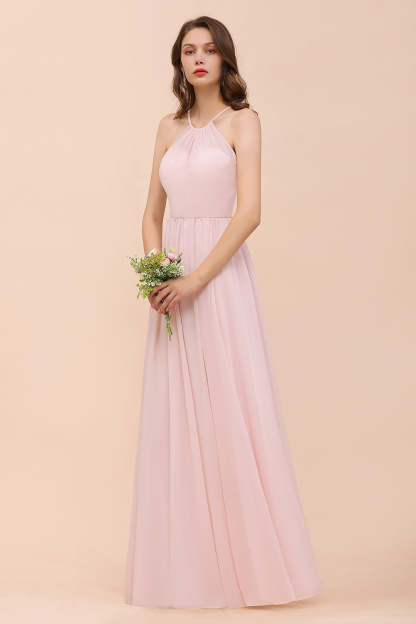 Gorgeous Chiffon Halter Ruffle Affordable Long Bridesmaid Dress-Babyonlines