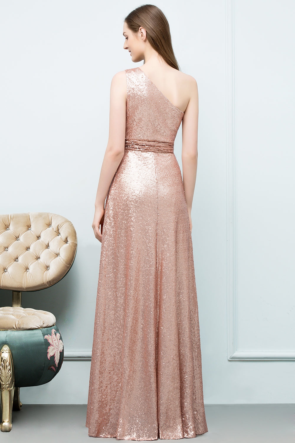 Gorgeous Sequined One-shoulder Bridesmaid Dress with Ruffles-Babyonlines