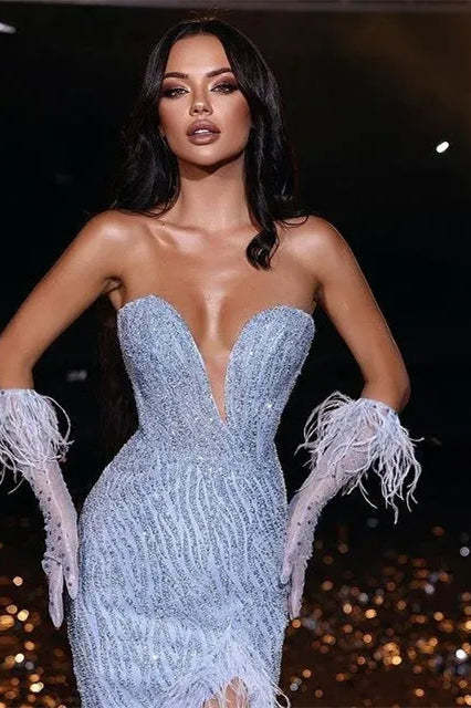 Gorgeous Sweetheart Mermaid Evening Dress with Sequins, Split, and Feather