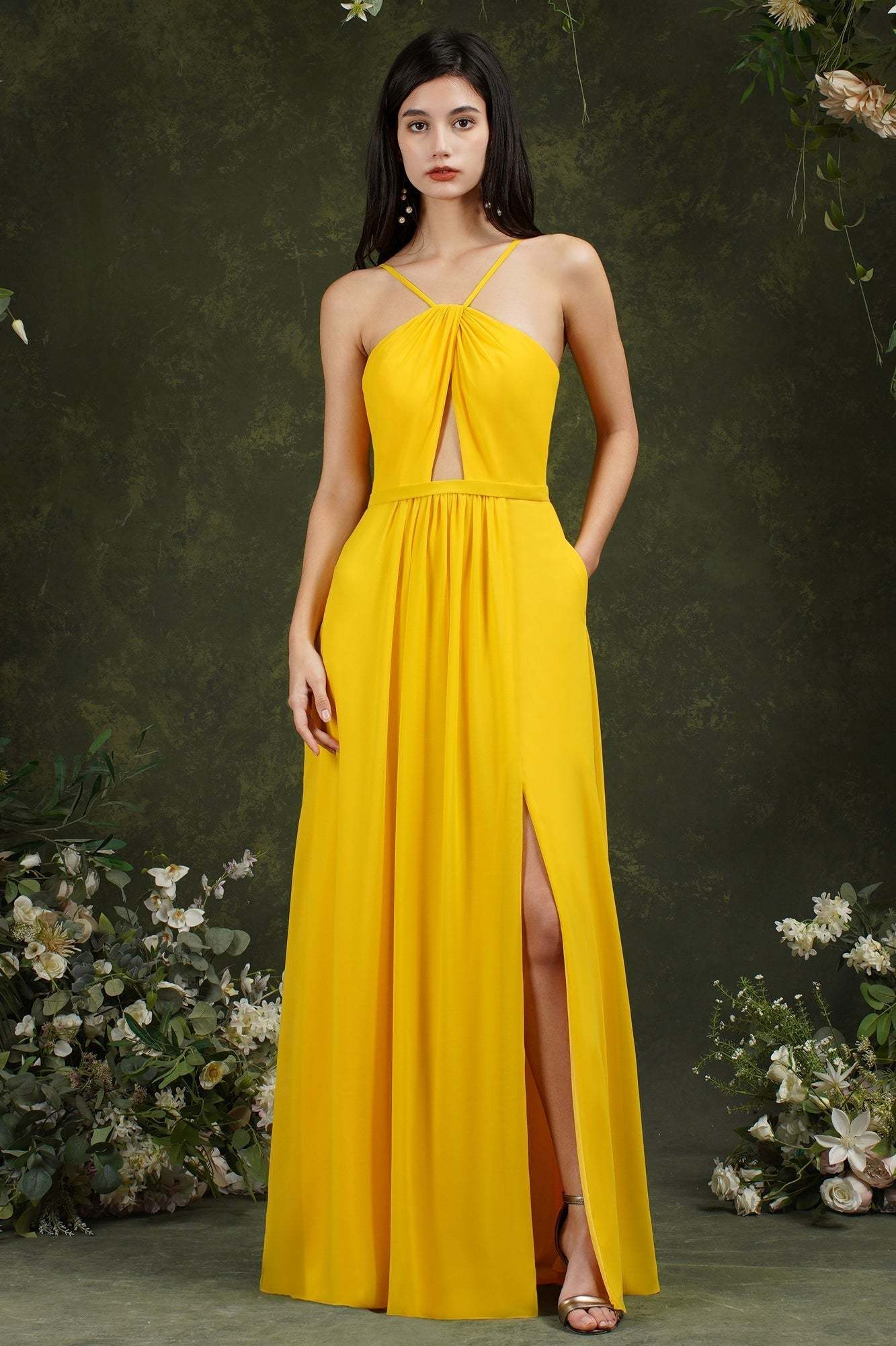 Halter Bridesmaid Dress Long Side Slit-Babyonlines