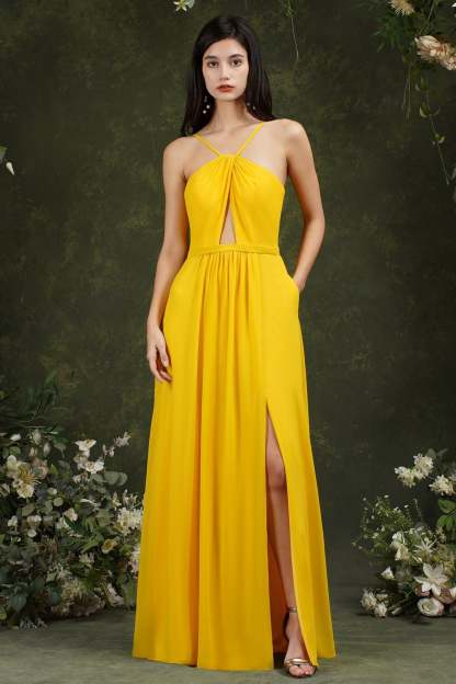 Halter Bridesmaid Dress Long Side Slit-Babyonlines