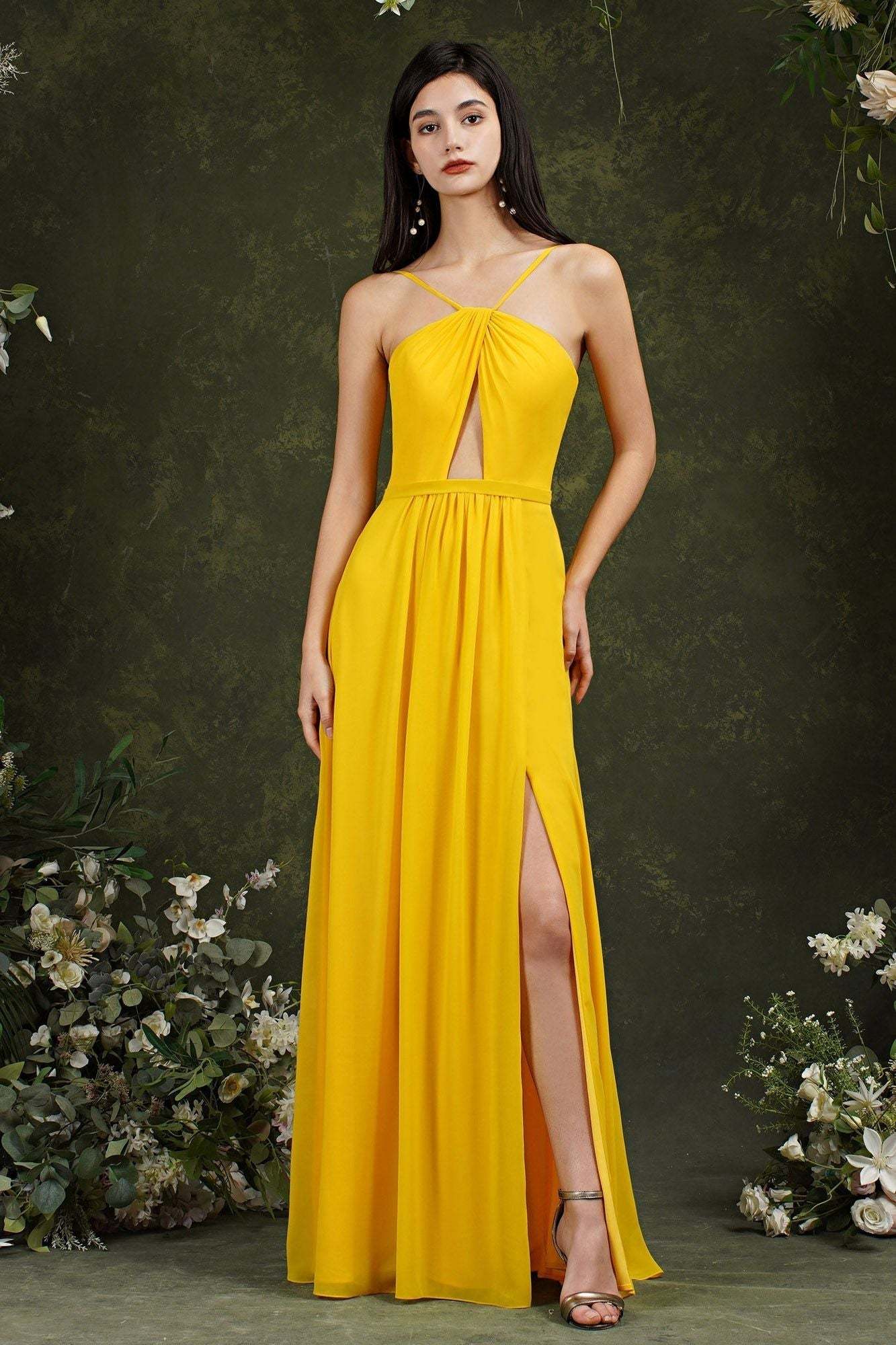 Halter Bridesmaid Dress Long Side Slit-Babyonlines