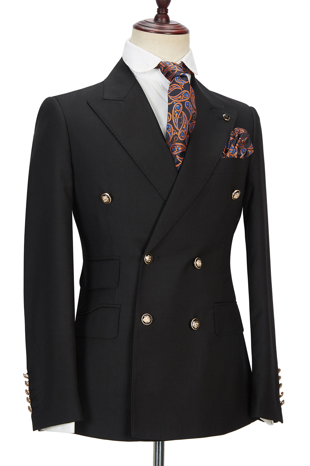 Handsome Black Double-Breasted Wedding Suit with Peak Lapel for Groom