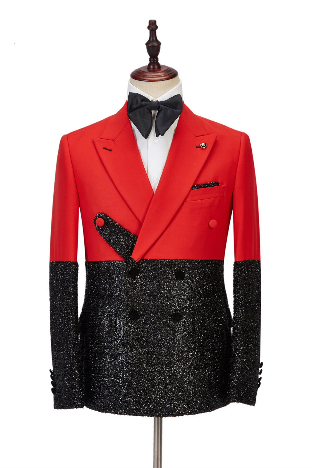 High-Quality Bright Red Tuxedo with Sparkling Black Peak Lapel