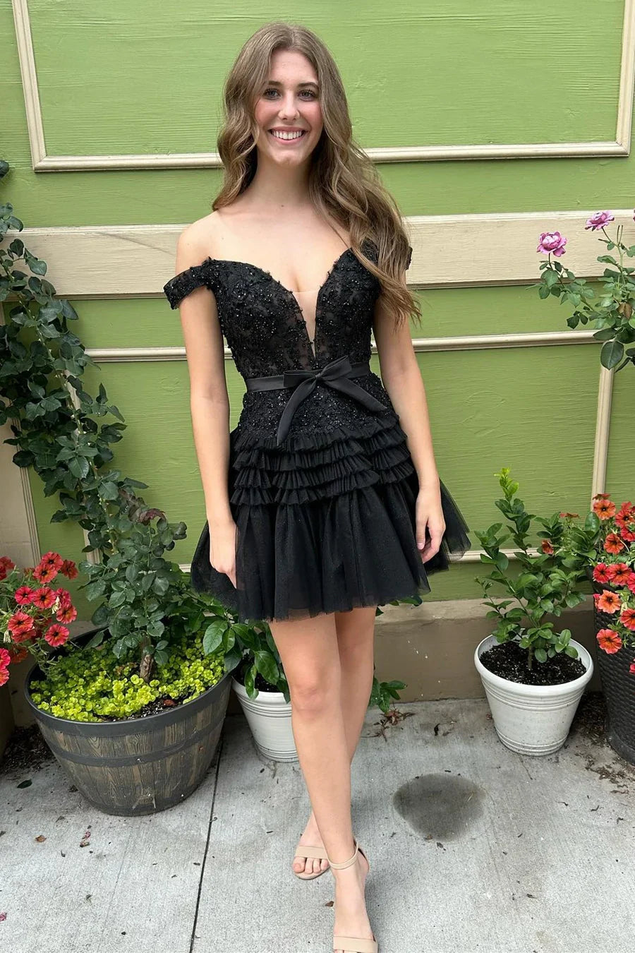 Lavender Off-the-Shoulder Ruffle Homecoming Dress with Bow