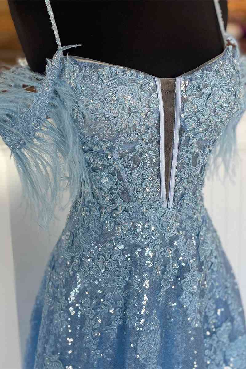 Light Blue Cold Sleeves Long Formal Dress with Appliques