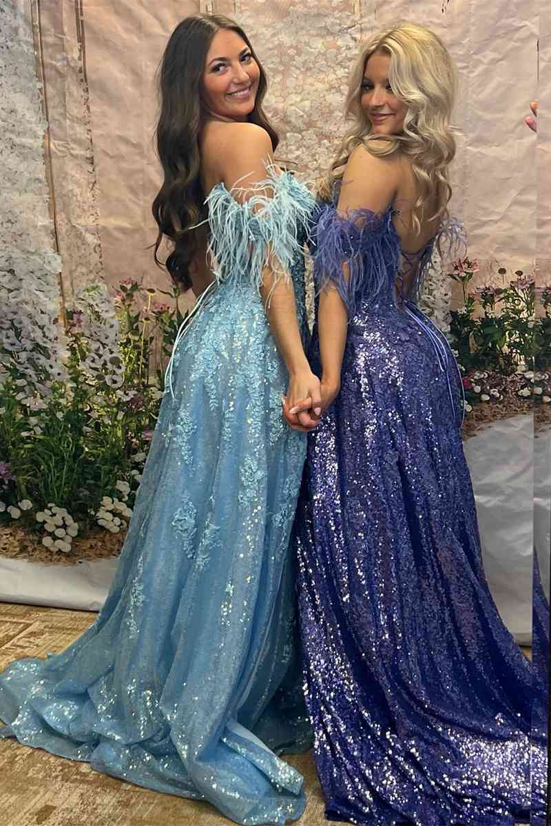 Light Blue Cold Sleeves Long Formal Dress with Appliques