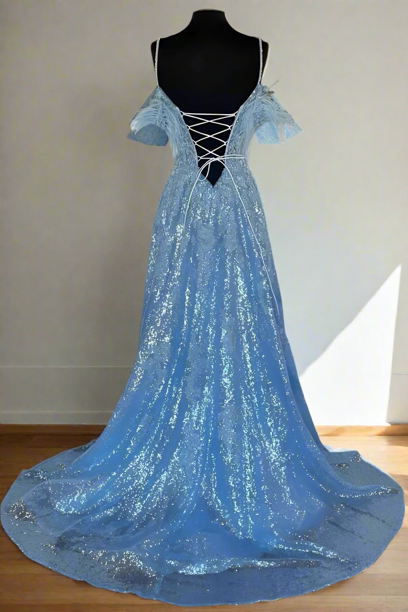 Light Blue Cold Sleeves Long Formal Dress with Appliques