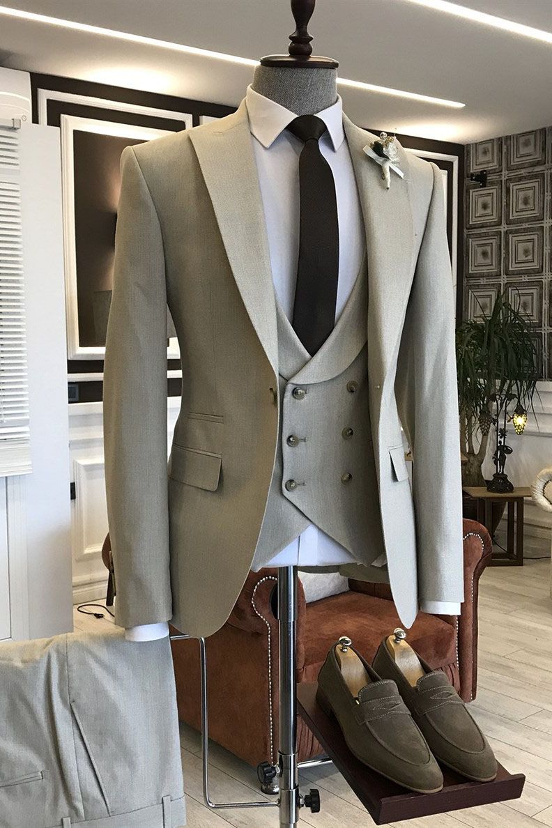Light Brown Double-Breasted Three-Piece Wedding Suit for Groom