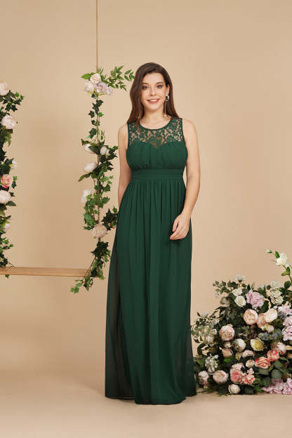 Long Sheath Round neck Chiffon Lace Bridesmaid Dresses-Babyonlines