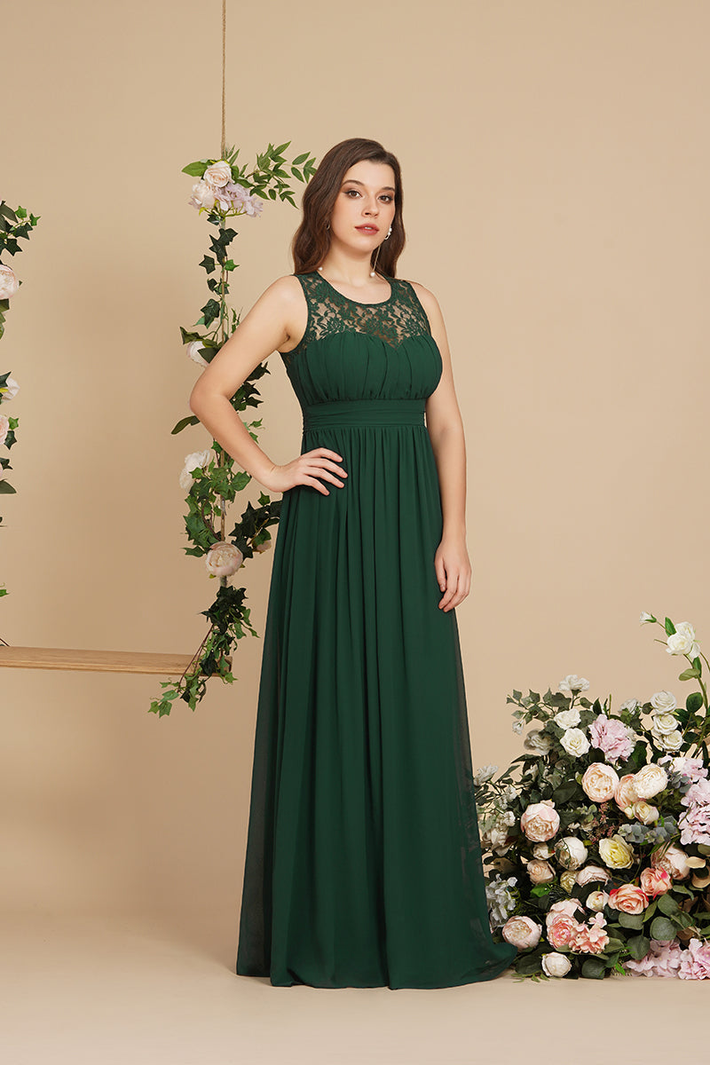 Long Sheath Round neck Chiffon Lace Bridesmaid Dresses-Babyonlines