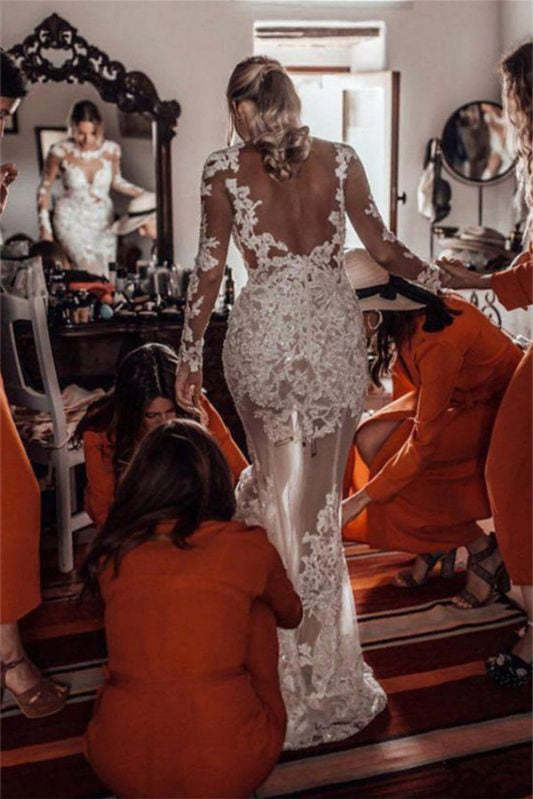 Long Sleeve Column Backless Mermaid Tulle Wedding Dress with Lace Appliques