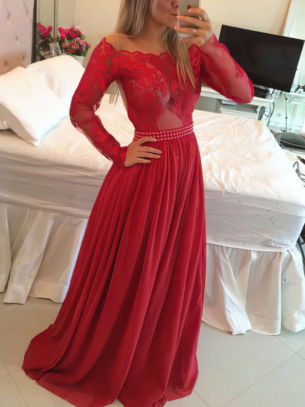 Look Stunning in A-line Off-the-shoulder Chiffon Floor-length Appliques Lace Prom Dresses