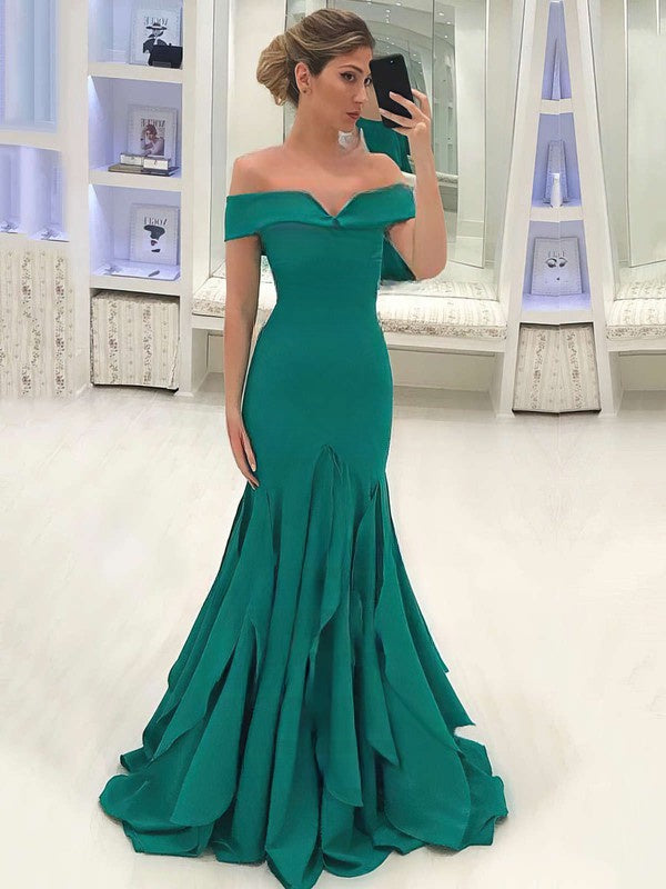 Mermaid Off-the-shoulder Silk-like Satin Ruffles Prom Dress with Sweep Train