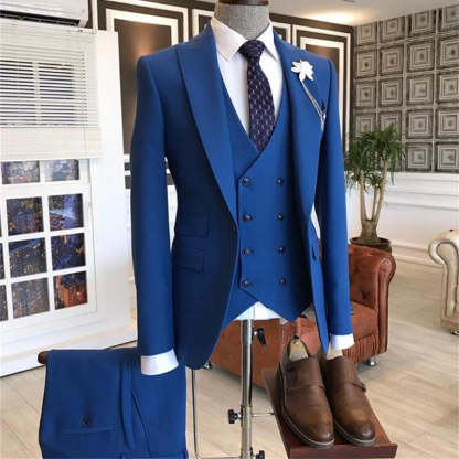 Modern Blue Evening Suit with Peaked Lapel and Three Pieces