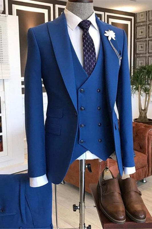 Modern Blue Evening Suit with Peaked Lapel and Three Pieces