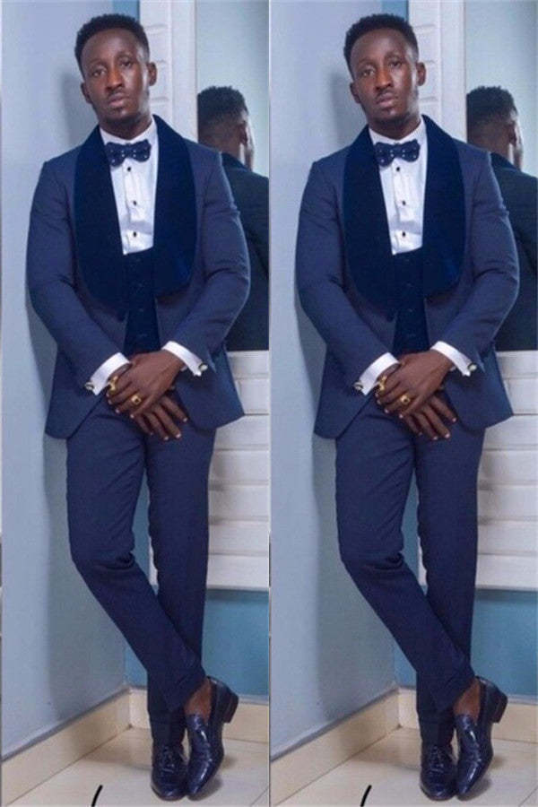 Modern Dark Navy Shawl Lapel Easy Fit Wedding Suit