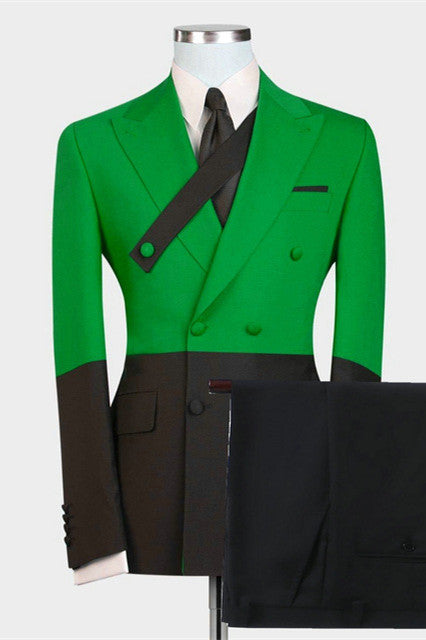 Modern Green and Black Evening Suit with Peaked Lapel and Double Breasted Design