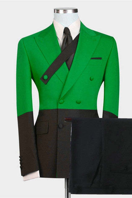 Modern Green and Black Evening Suit with Peaked Lapel and Double Breasted Design