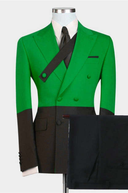 Modern Green and Black Evening Suit with Peaked Lapel and Double Breasted Design