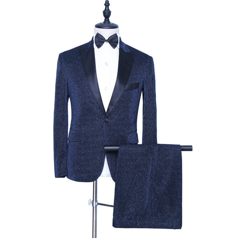 Modern Dark Navy Sparkly Wedding Suit with Peaked Lapel for Groom's Party