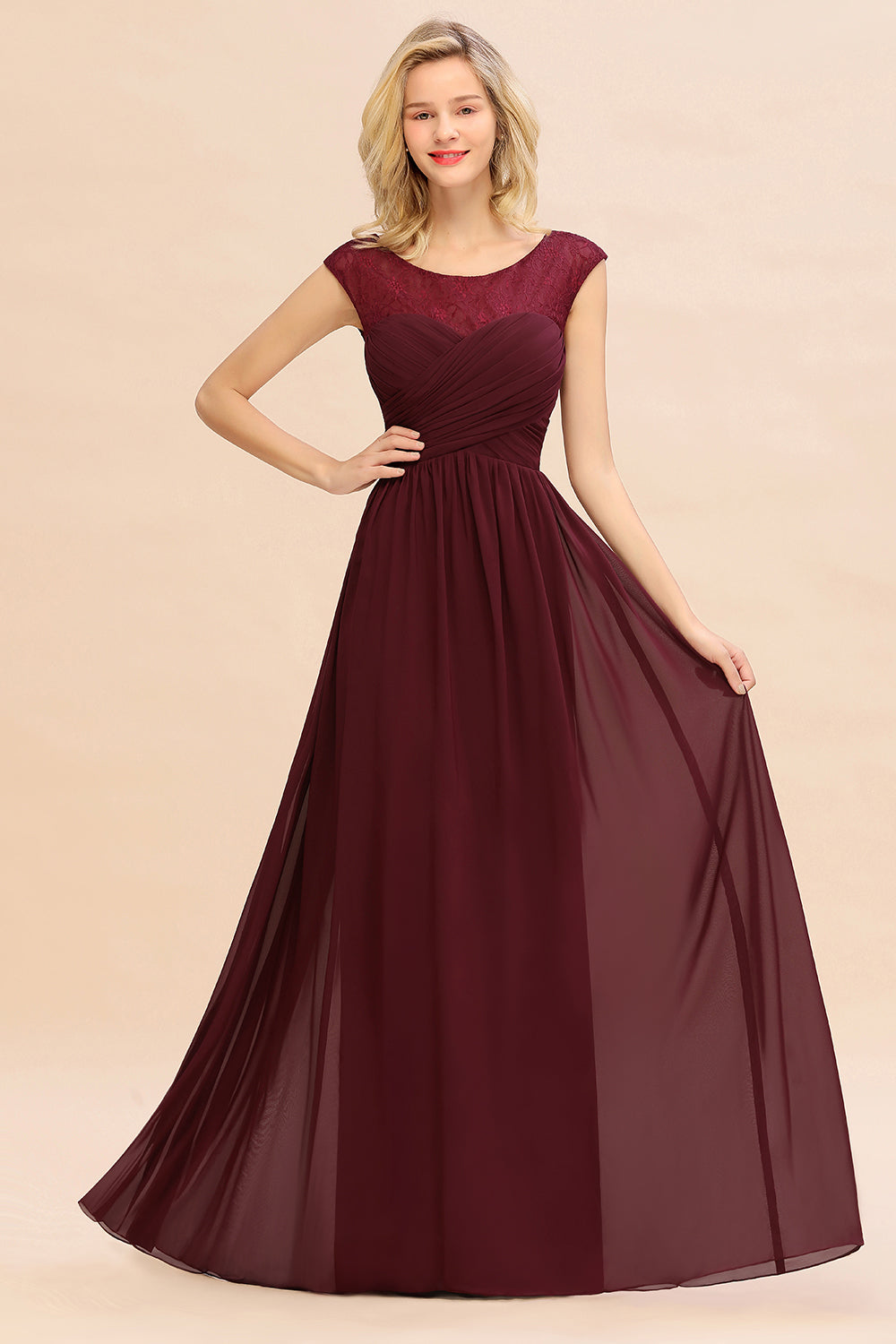 Modest Burgundy Chiffon Sleeveless Ruffle Bridesmaid Dress Affordable-Babyonlines