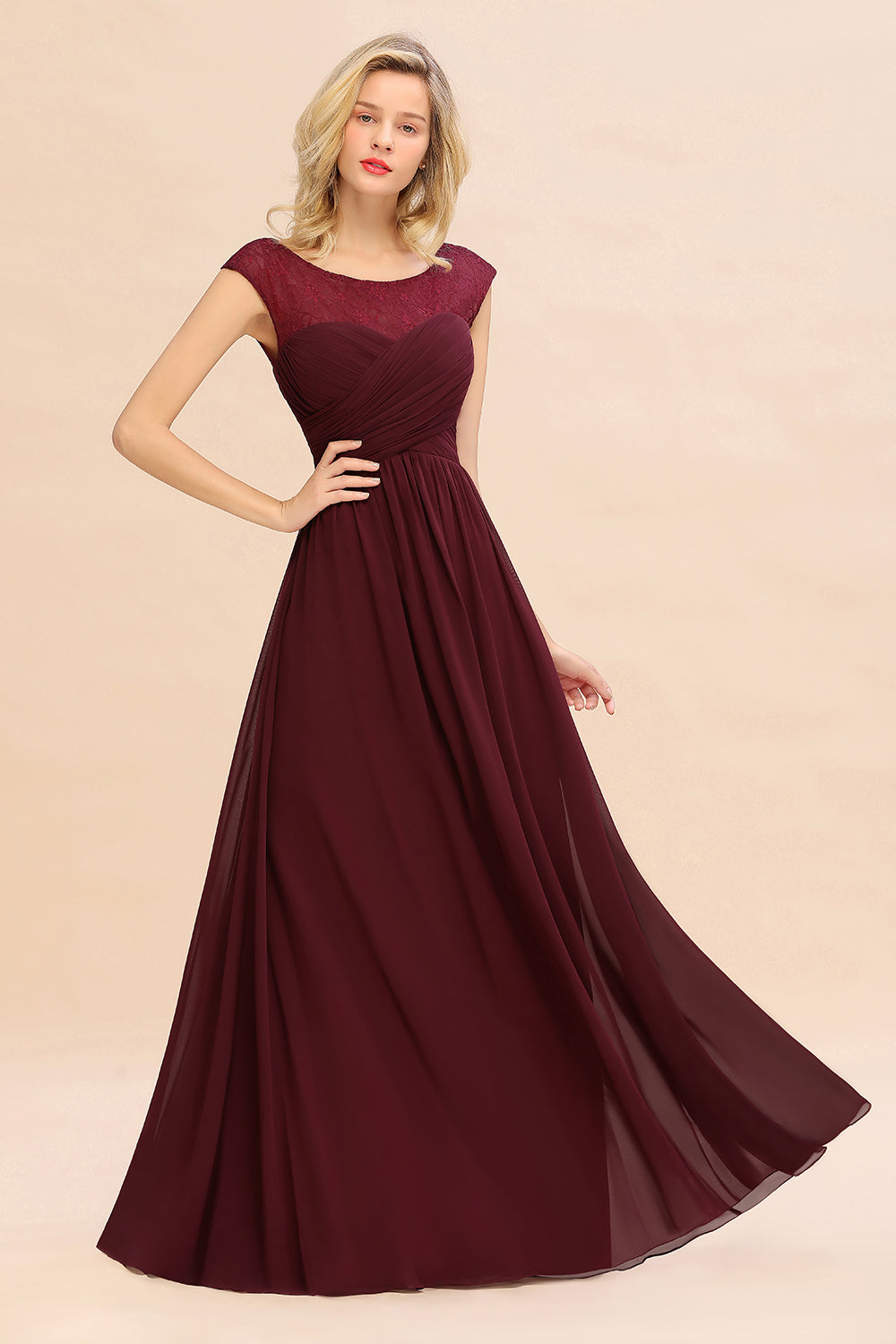 Modest Burgundy Chiffon Sleeveless Ruffle Bridesmaid Dress Affordable-Babyonlines