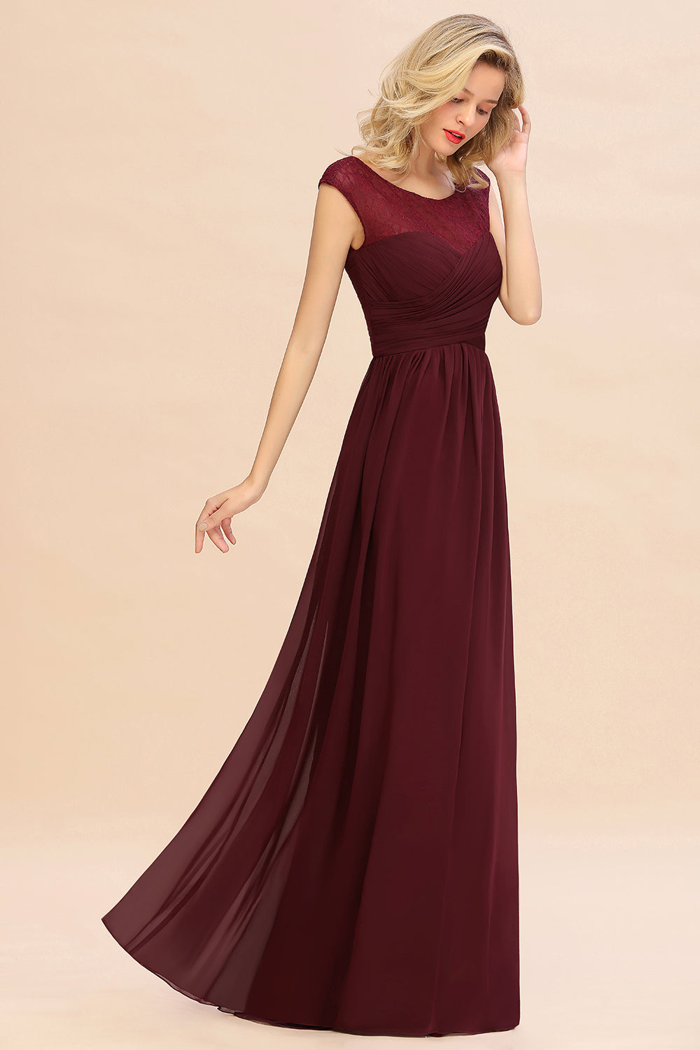 Modest Burgundy Chiffon Sleeveless Ruffle Bridesmaid Dress Affordable-Babyonlines