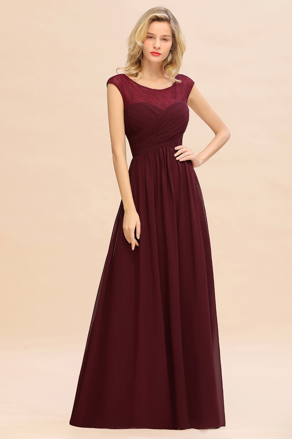 Modest Burgundy Chiffon Sleeveless Ruffle Bridesmaid Dress Affordable-Babyonlines