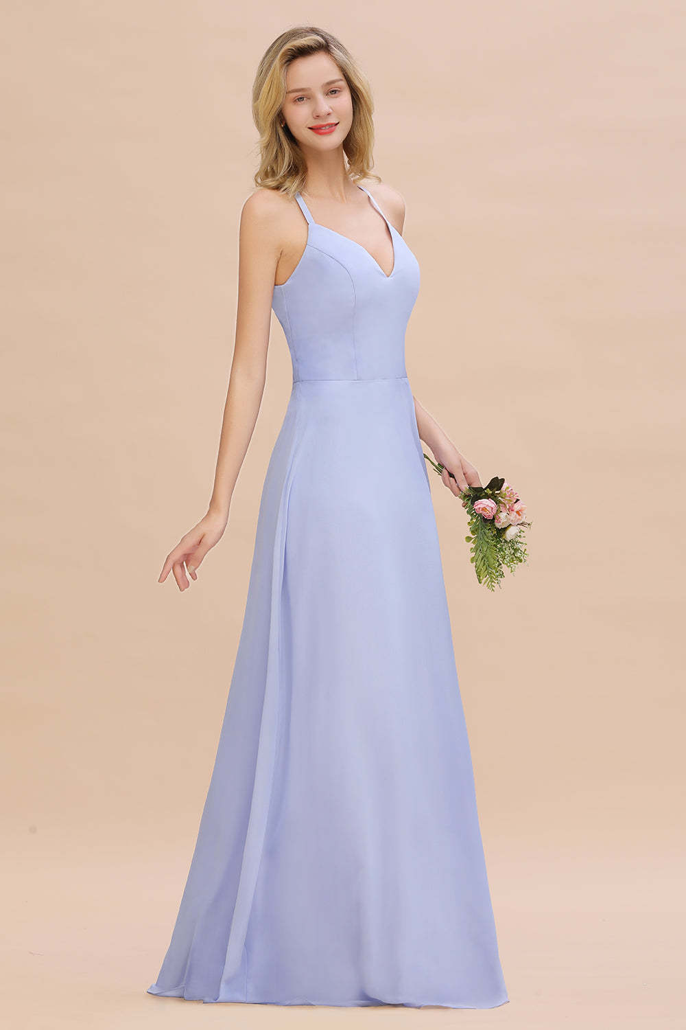 Modest Halter V-Neck Sleeveless Long Bridesmaid Dresses Online-Babyonlines