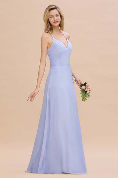 Modest Halter V-Neck Sleeveless Long Bridesmaid Dresses Online-Babyonlines