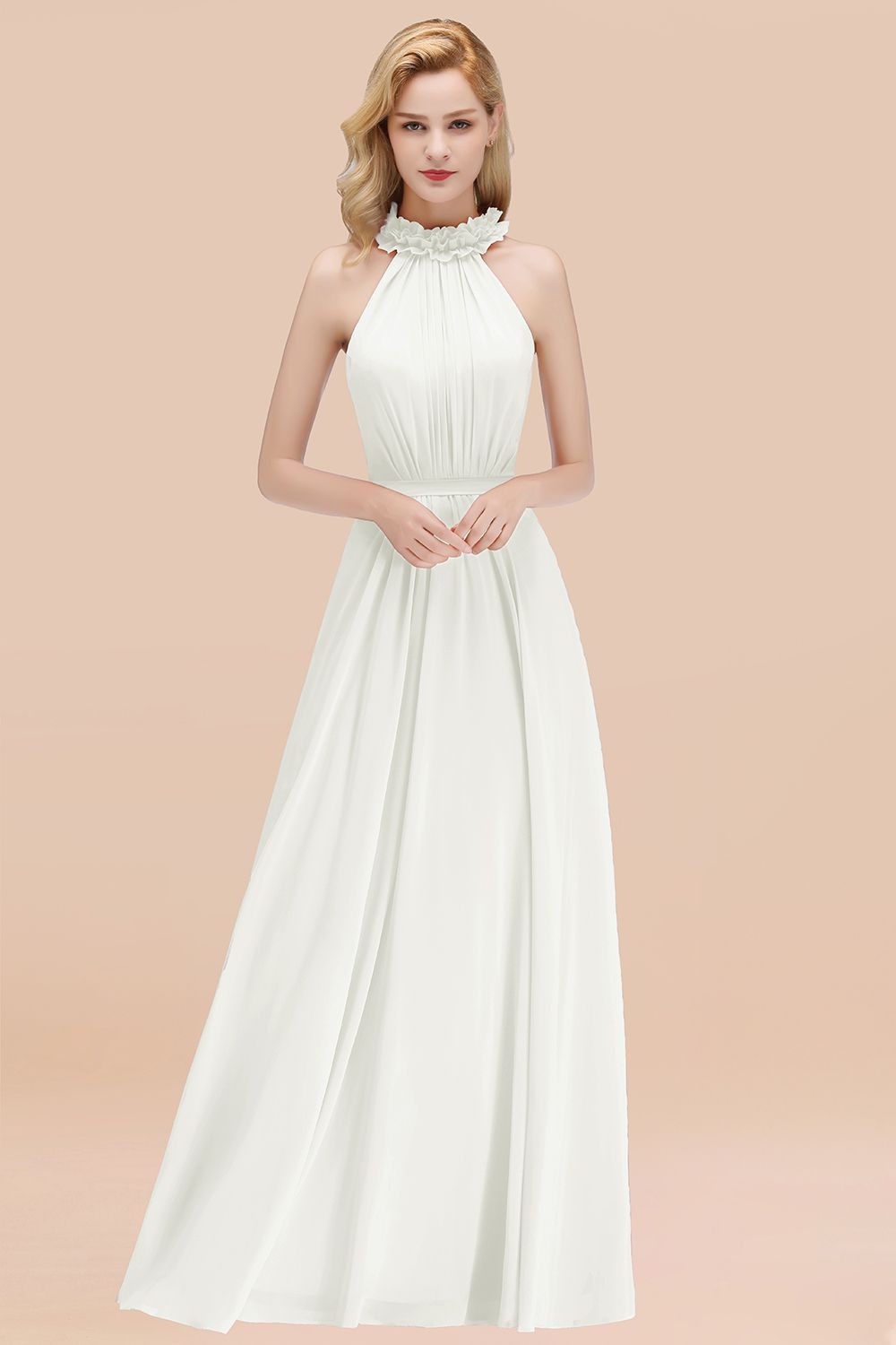 Modest High-Neck Halter Ruffle Chiffon Bridesmaid Dresses Affordable-Babyonlines