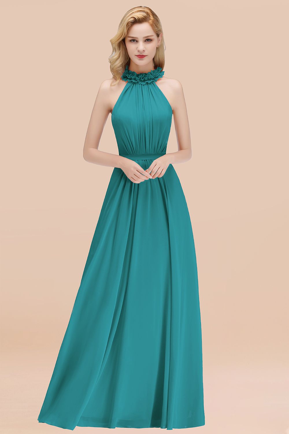 Modest High-Neck Halter Ruffle Chiffon Bridesmaid Dresses Affordable-Babyonlines