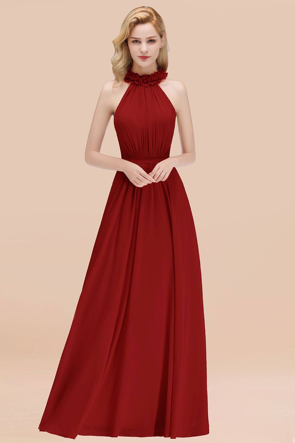 Modest High-Neck Halter Ruffle Chiffon Bridesmaid Dresses Affordable-Babyonlines