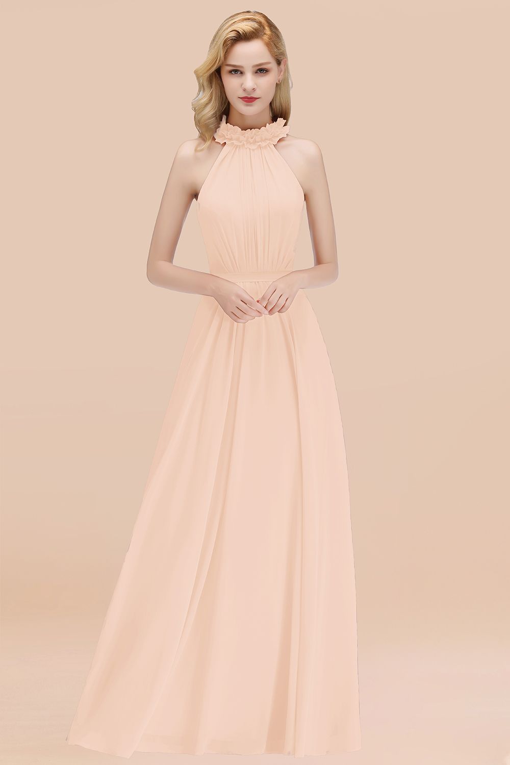 Modest High-Neck Halter Ruffle Chiffon Bridesmaid Dresses Affordable-Babyonlines
