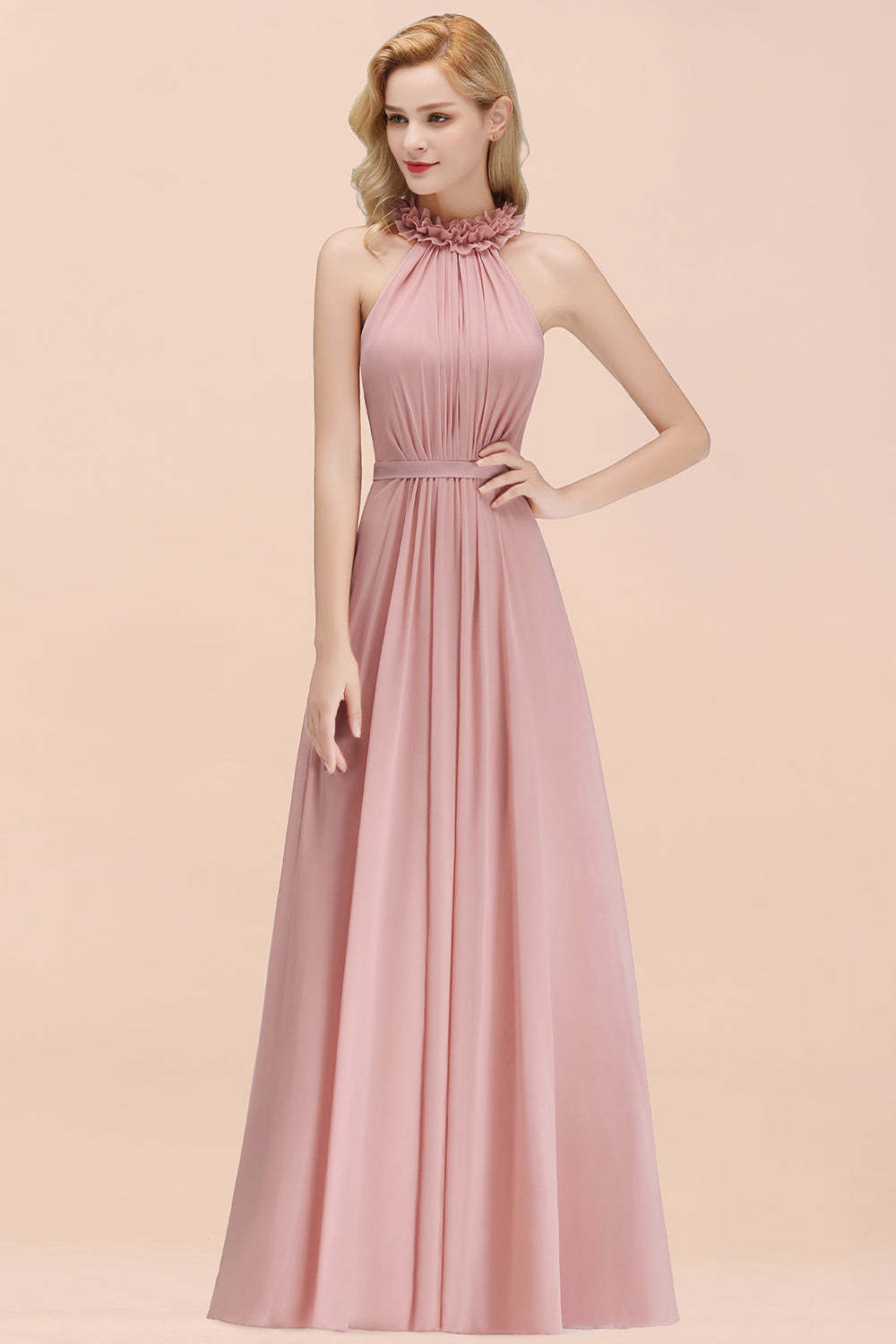 Modest High-Neck Halter Ruffle Chiffon Bridesmaid Dresses Affordable-Babyonlines