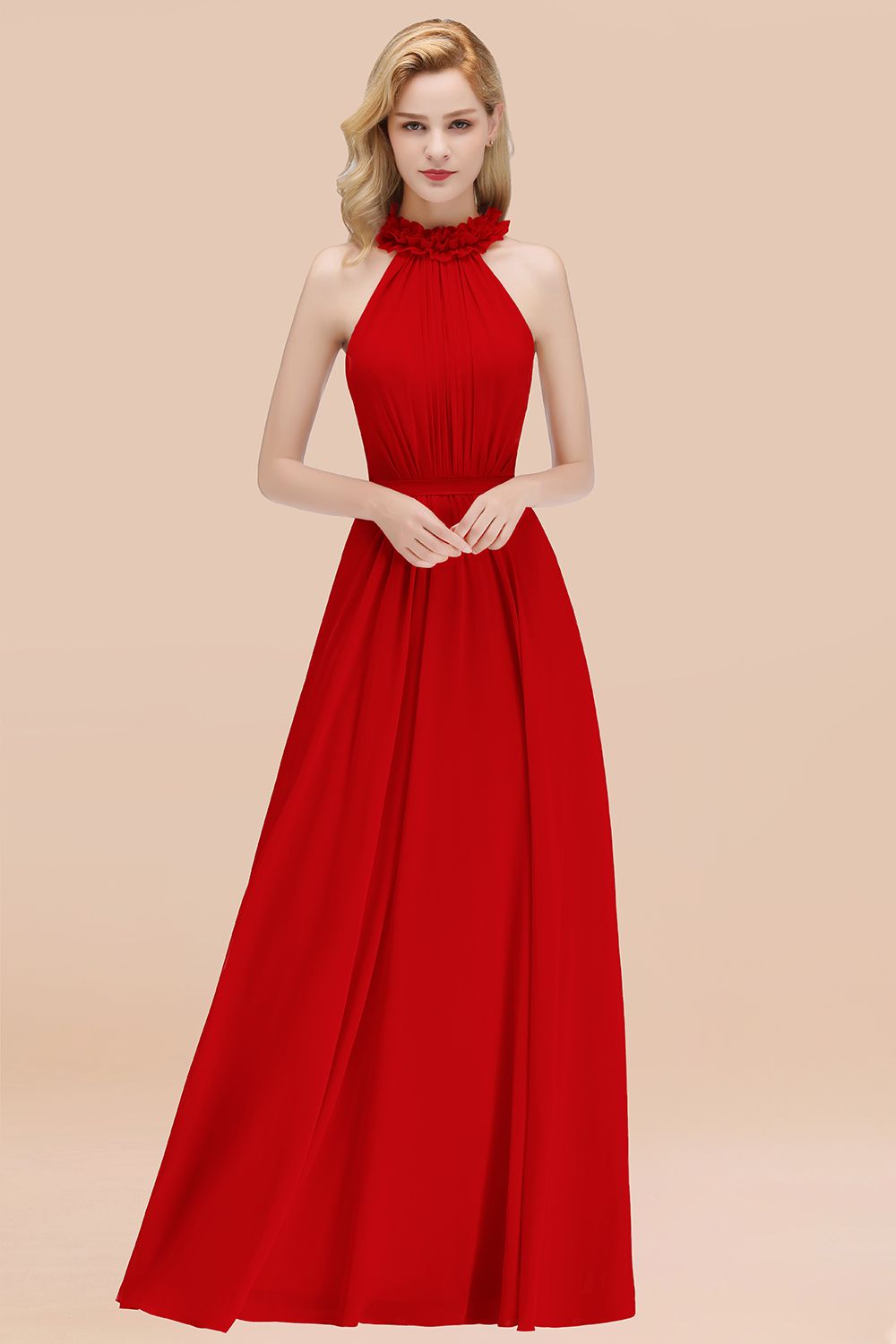 Modest High-Neck Halter Ruffle Chiffon Bridesmaid Dresses Affordable-Babyonlines