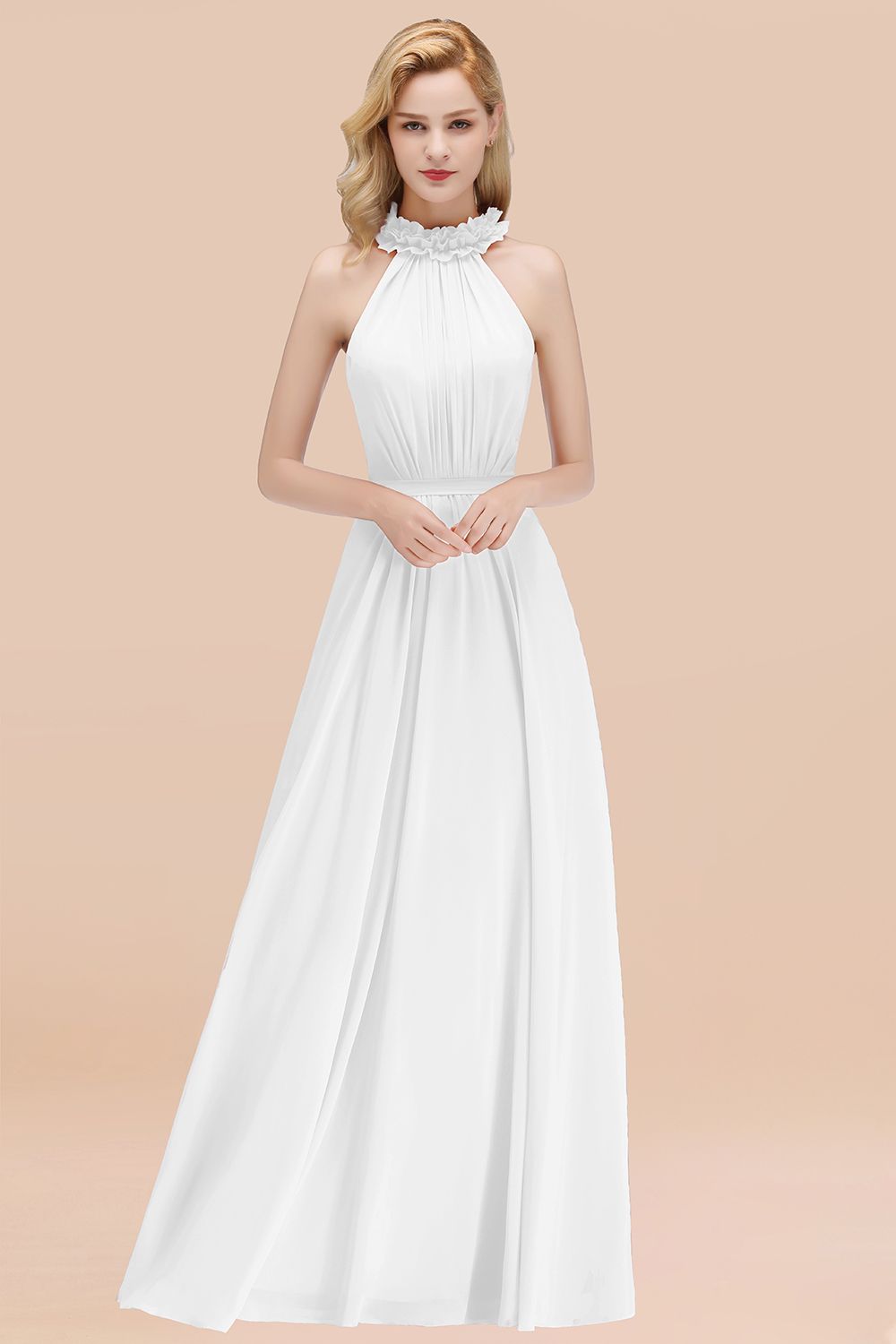 Modest High-Neck Halter Ruffle Chiffon Bridesmaid Dresses Affordable-Babyonlines
