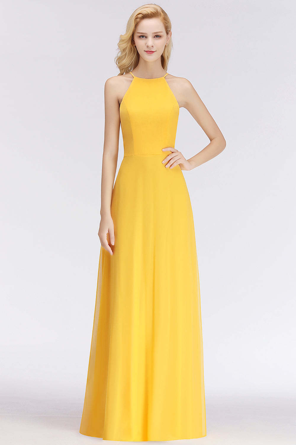 Modest High-Neck Yellow Chiffon Affordable Bridesmaid Dresses Online-Babyonlines