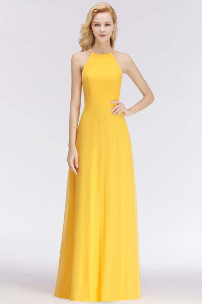 Modest High-Neck Yellow Chiffon Affordable Bridesmaid Dresses Online-Babyonlines