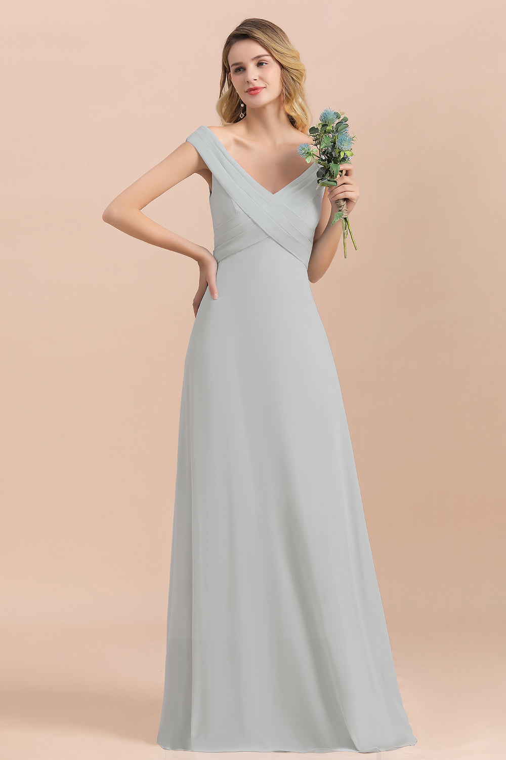 Modest Off-the-Shoulder Mist Chiffon Bridesmaid Dresses with Pleats-Babyonlines