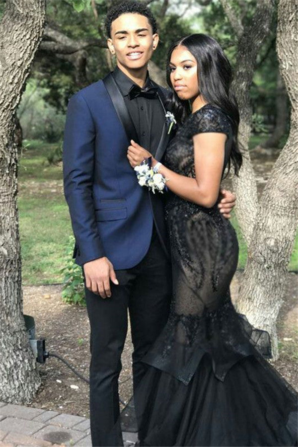 Navy Blue Black Silk Lapel Marriage Blazer Suit - High Quality, Two-Piece