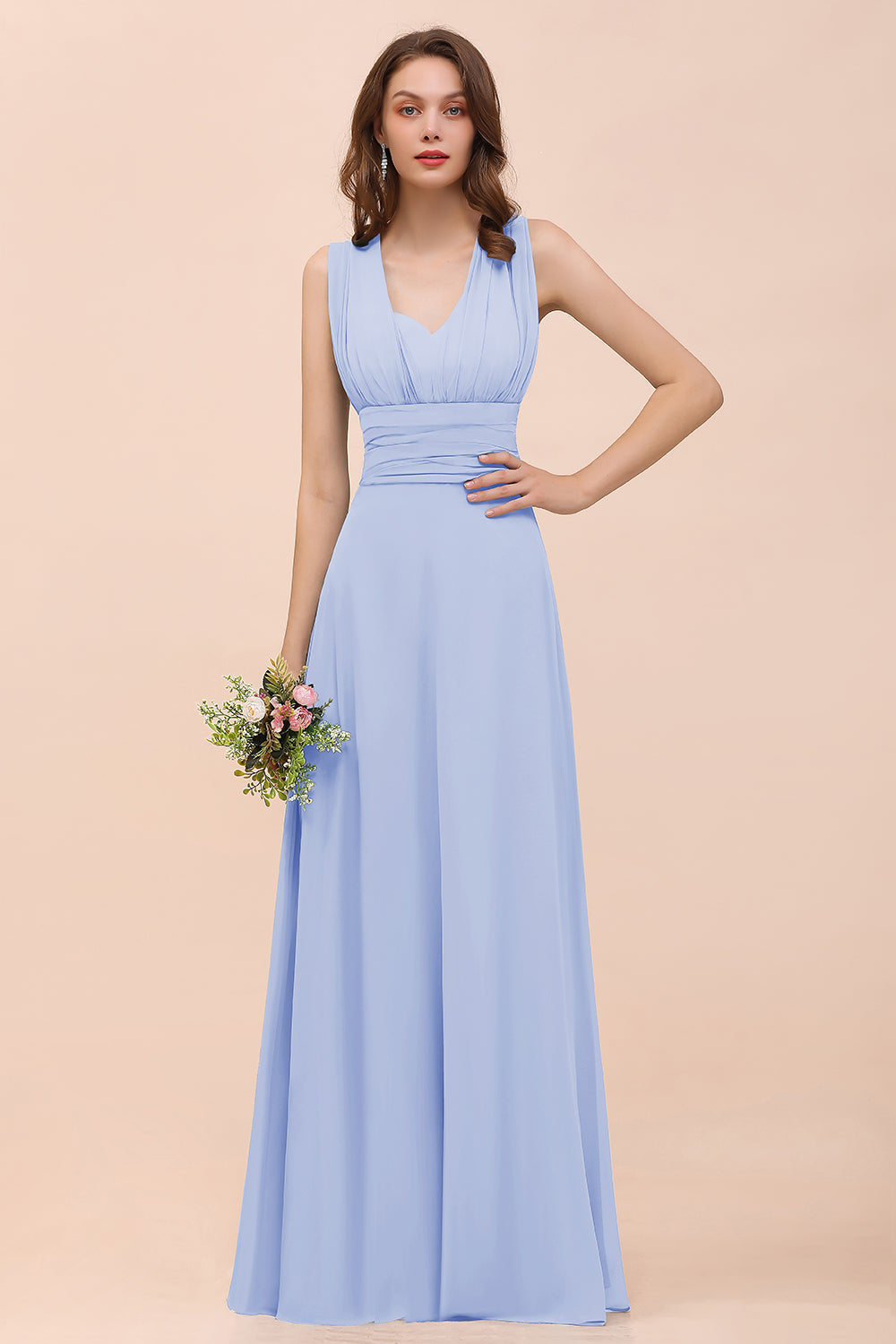 New Arrival Dusty Blue Ruched Long Convertible Bridesmaid Dresses-Babyonlines