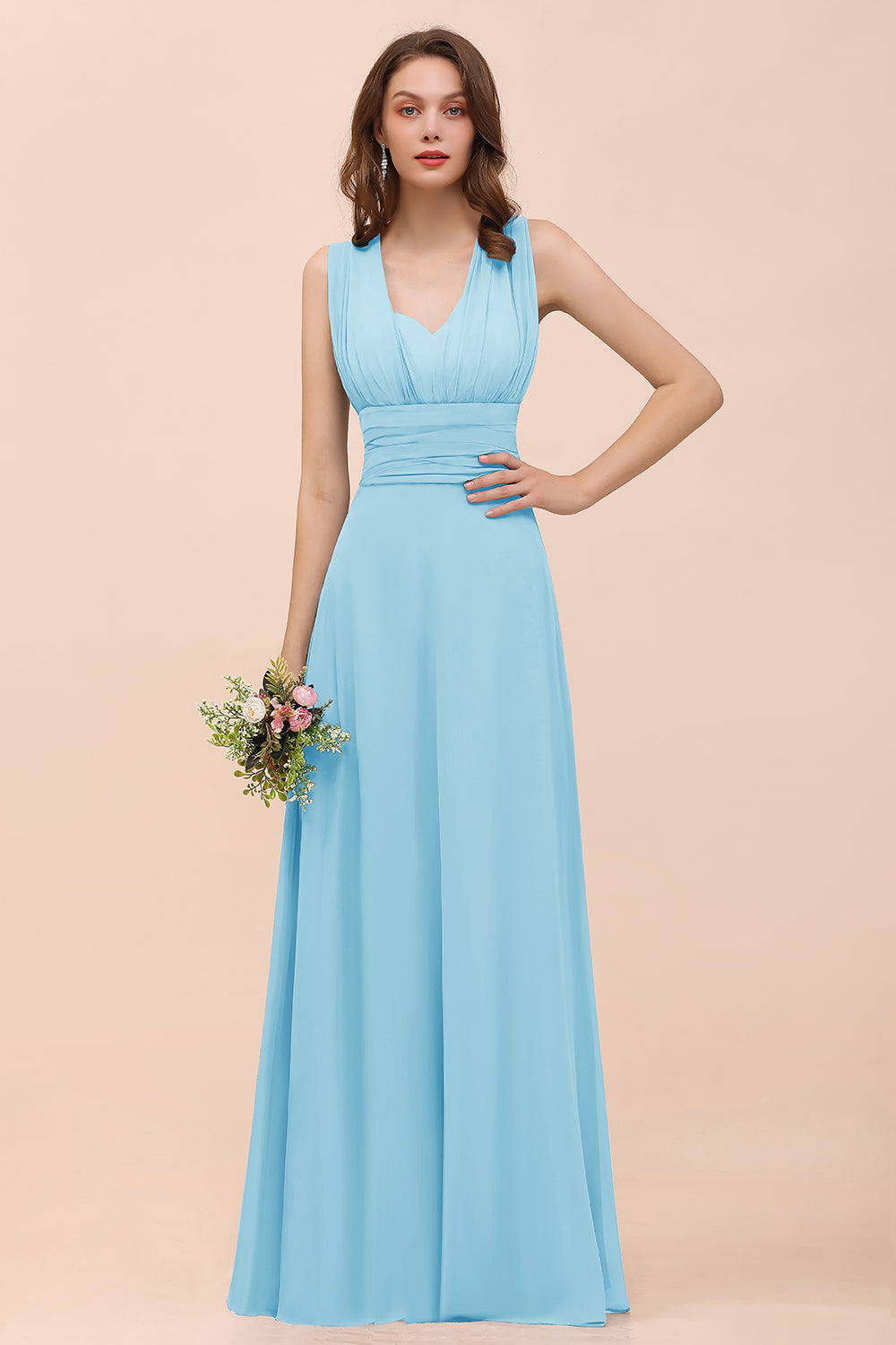 New Arrival Dusty Blue Ruched Long Convertible Bridesmaid Dresses-Babyonlines